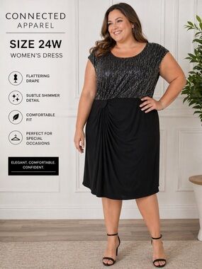 CONNECTED APPAREL Women cap sleeve black-metallic sequin wrap  dress/size 24W